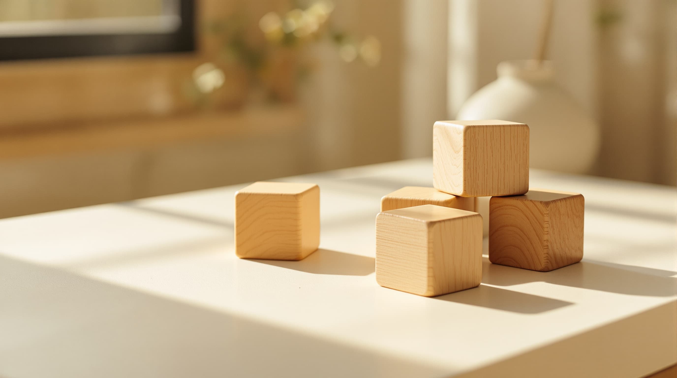 Simple wooden building blocks in warm morning light