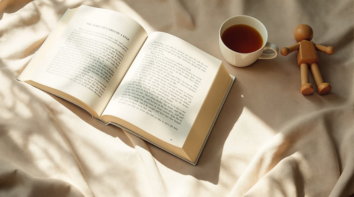 An open book, a cup of tea, and a small wooden toy on a linen surface in morning light
